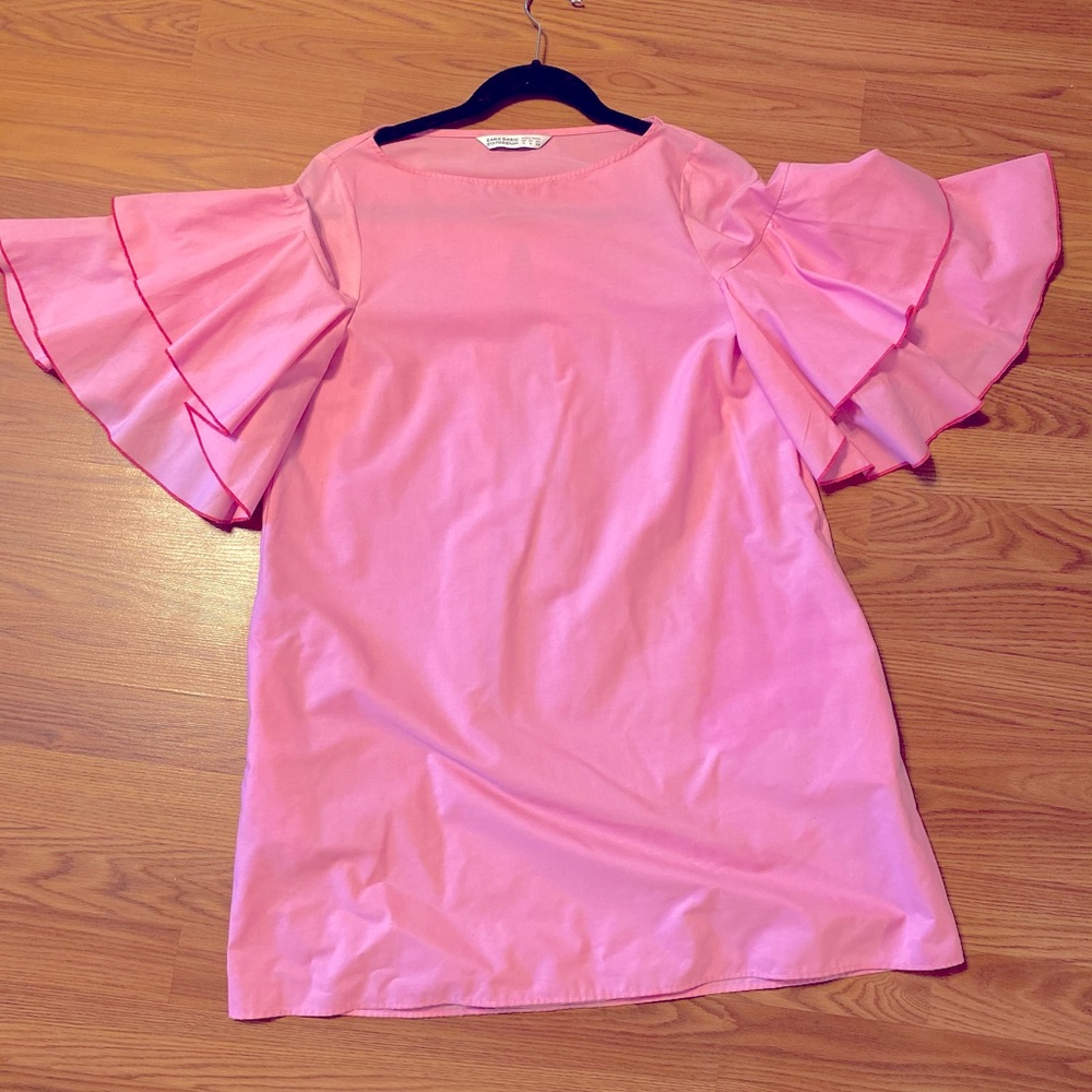 Pink Zara mini dress frill puff sleeves pockets
